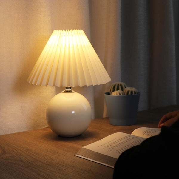 Elegant Modern White Globe Ceramic Table Lamp with Pleated Shade - Stylish Home Lighting