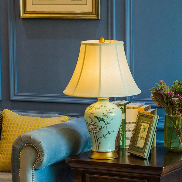 23-Inch Oriental Porcelain Table Lamp with Vivid Branches and Birds Design - Elegant Home Decor Lighting