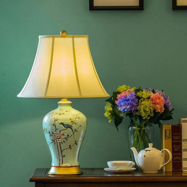 23-Inch Oriental Porcelain Table Lamp with Vivid Branches and Birds Design - Elegant Home Decor Lighting