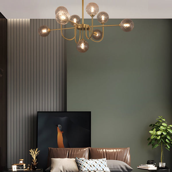 Elegant Amber Glass Globe Molecule Chandelier - Modern Pendant Light Fixture for Living Room, Dining Room, and Entryway