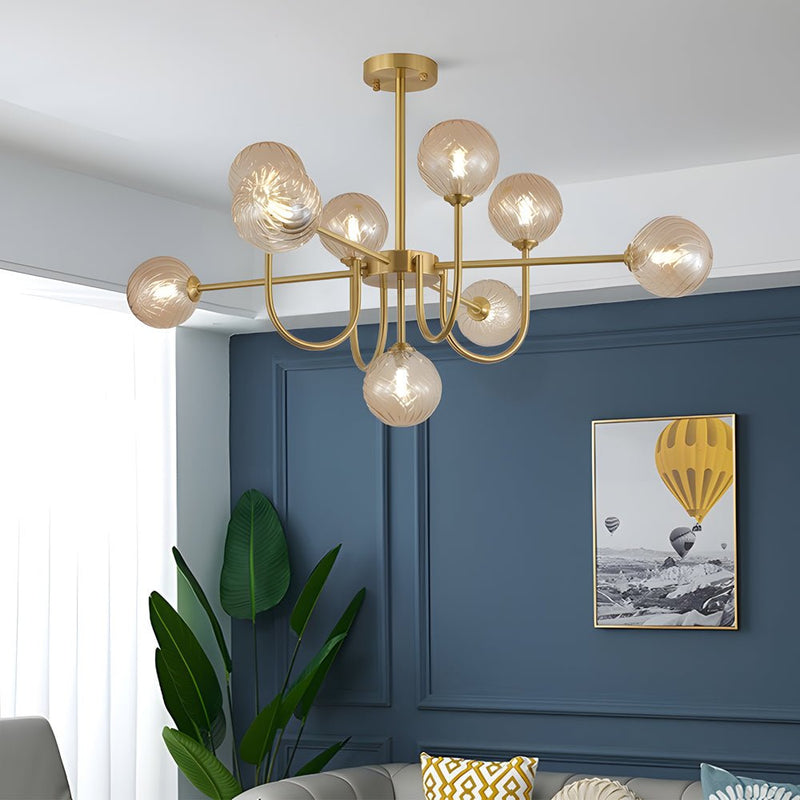 Elegant Amber Glass Globe Molecule Chandelier - Modern Pendant Light Fixture for Living Room, Dining Room, and Entryway