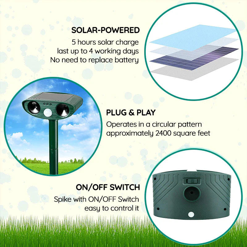 Solar-Powered Ultrasonic Animal Repellent - Eco-Friendly Pest Control Device for Gardens & Yards