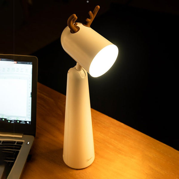 Antlers USB Rechargeable White Desk Lamp with Night Light - Modern LED Table Lamp for Home Office & Bedroom