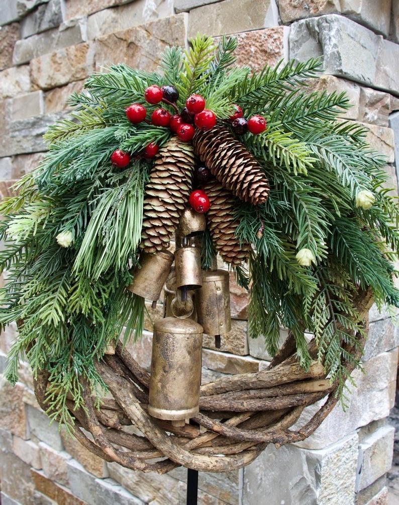 Boho Farmhouse Christmas Wreath - Rustic Holiday Decor for Home, Front Door, and Festive Celebrations