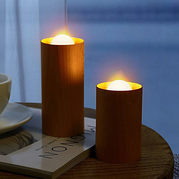Stylish Candlelight Ambient Wood Cylinder LED Table Lamp - Elegant Accent Lighting for Home Decor