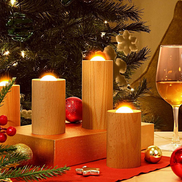 Stylish Candlelight Ambient Wood Cylinder LED Table Lamp - Elegant Accent Lighting for Home Decor