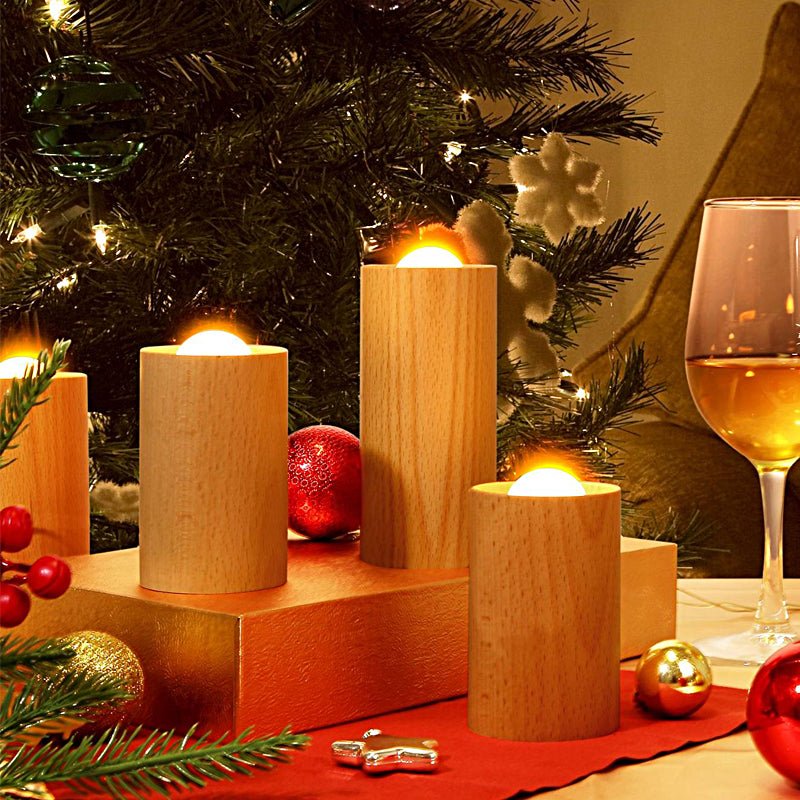 Stylish Candlelight Ambient Wood Cylinder LED Table Lamp - Elegant Accent Lighting for Home Decor