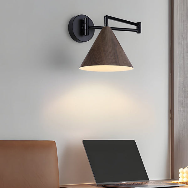 Cone Shaped Swing Arm Wall Sconce - 1-Light Wooden Wall Mount Light Fixture for Modern Home Decor