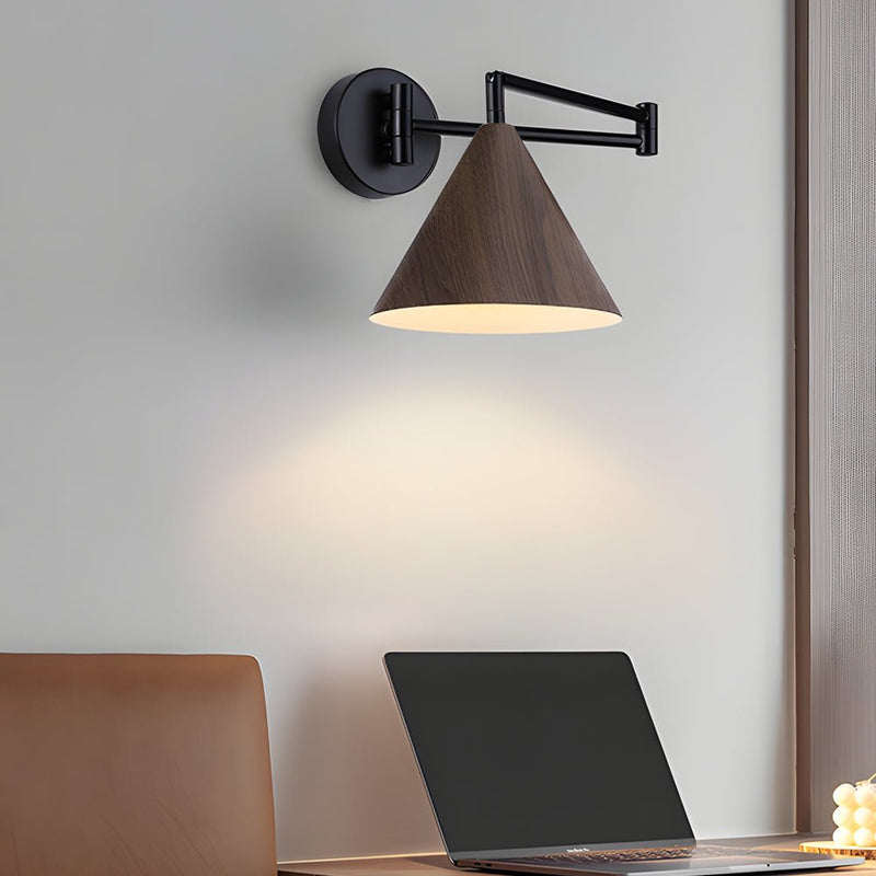 Cone Shaped Swing Arm Wall Sconce - 1-Light Wooden Wall Mount Light Fixture for Modern Home Decor