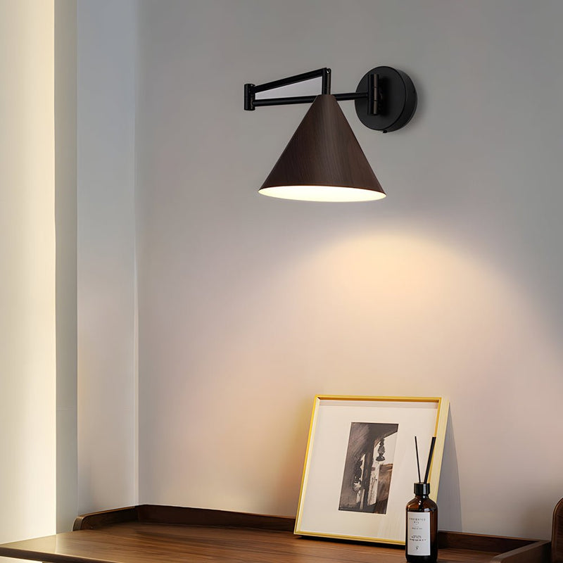 Cone Shaped Swing Arm Wall Sconce - 1-Light Wooden Wall Mount Light Fixture for Modern Home Decor