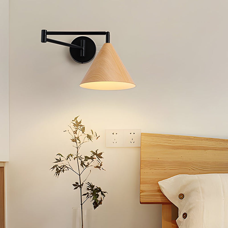 Cone Shaped Swing Arm Wall Sconce - 1-Light Wooden Wall Mount Light Fixture for Modern Home Decor