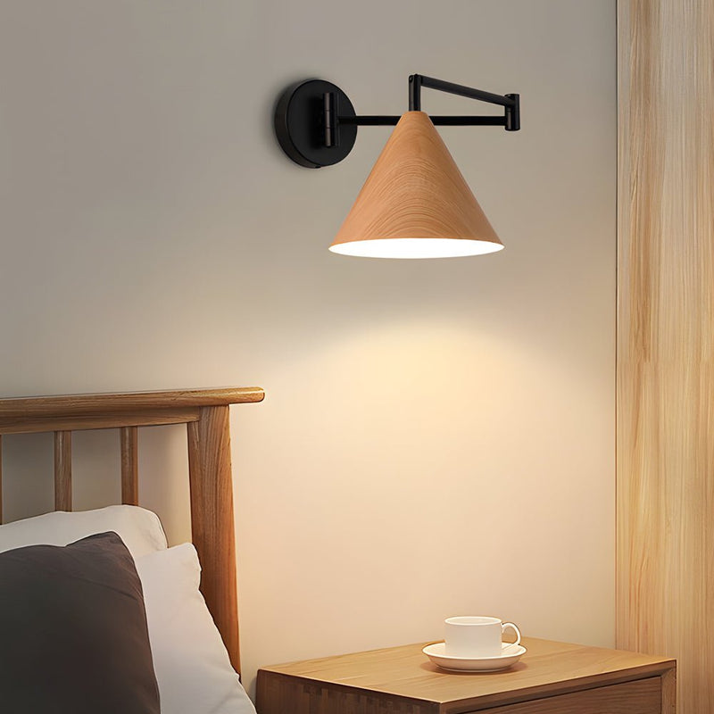 Cone Shaped Swing Arm Wall Sconce - 1-Light Wooden Wall Mount Light Fixture for Modern Home Decor