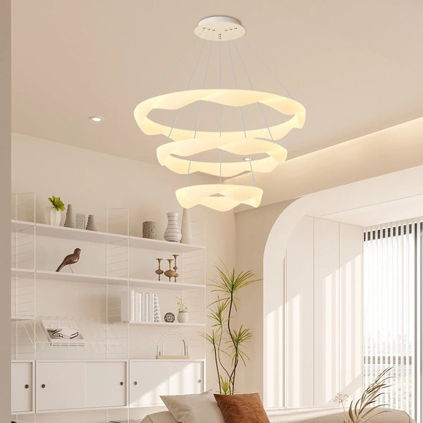 Modern Chandelier with Creative Cream Designer Rings - 3-Step Dimming Feature