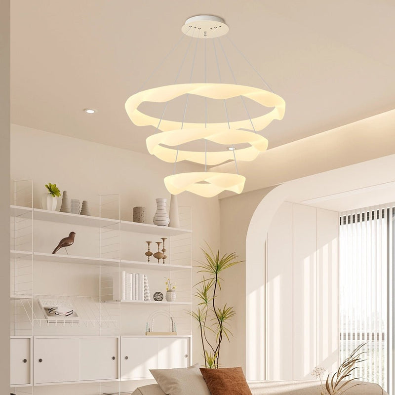 Modern Chandelier with Creative Cream Designer Rings - 3-Step Dimming Feature