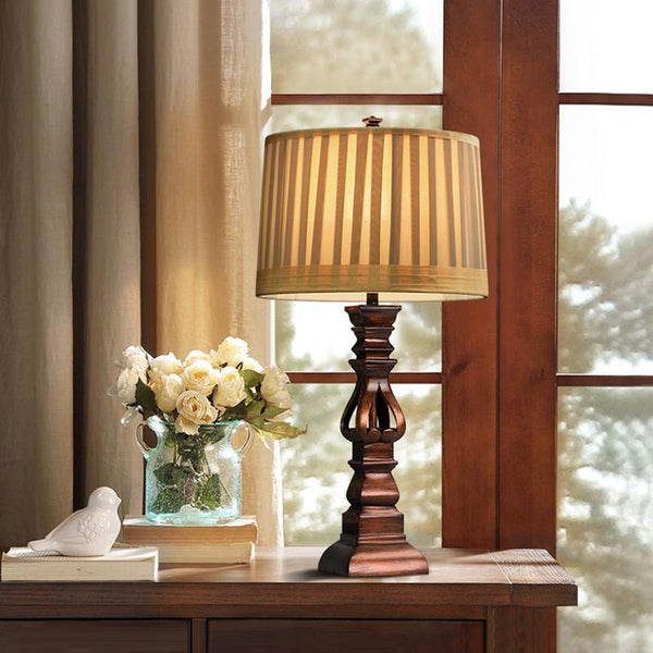 Antique Rustic Tower Table Lamp with Stripe Drum Shade - Vintage Style Lighting for Home Decor