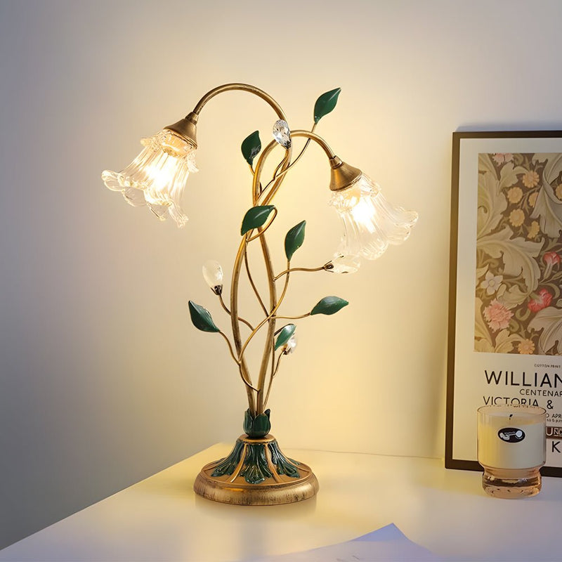 Elegant Dimmable Glass Floral Desk Lamp with Dual Lights & Leaf Accents - Perfect for Ambiance