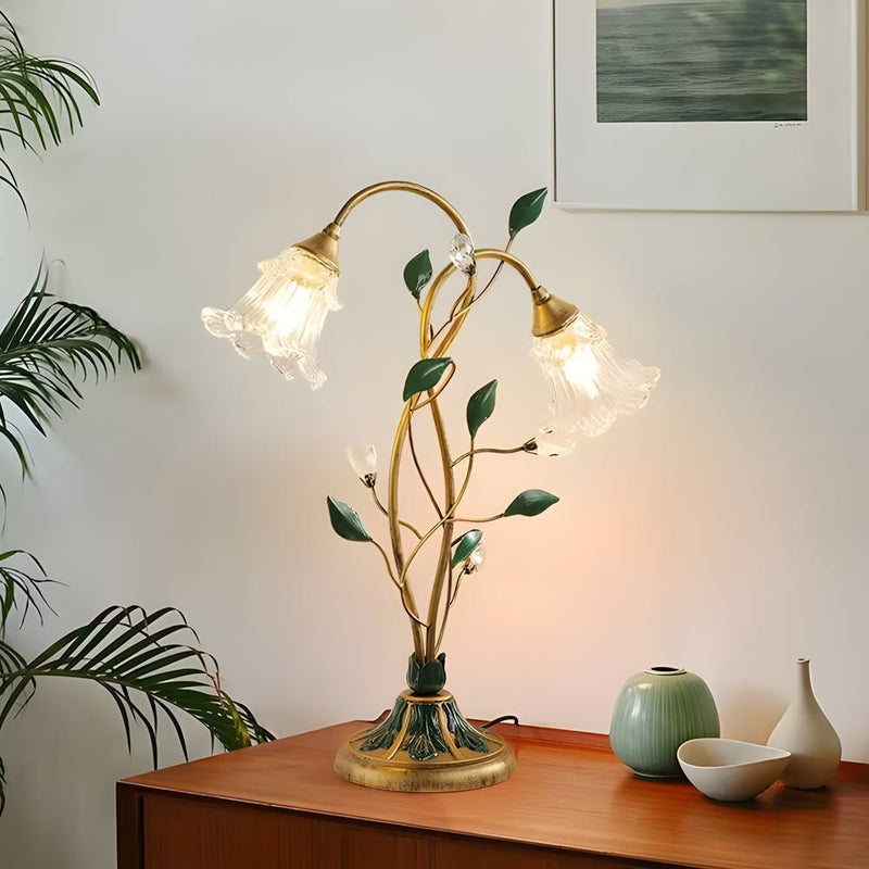 Elegant Dimmable Glass Floral Desk Lamp with Dual Lights & Leaf Accents - Perfect for Ambiance