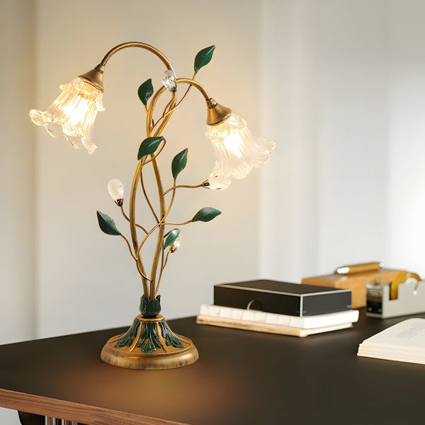 Elegant Dimmable Glass Floral Desk Lamp with Dual Lights & Leaf Accents - Perfect for Ambiance