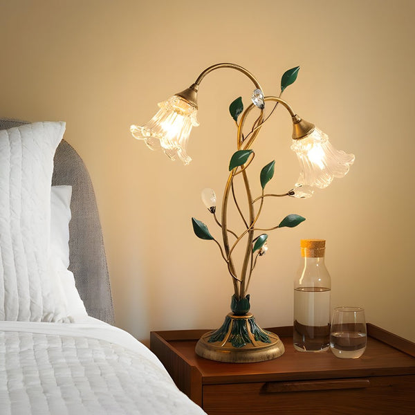 Elegant Dimmable Glass Floral Desk Lamp with Dual Lights & Leaf Accents - Perfect for Ambiance