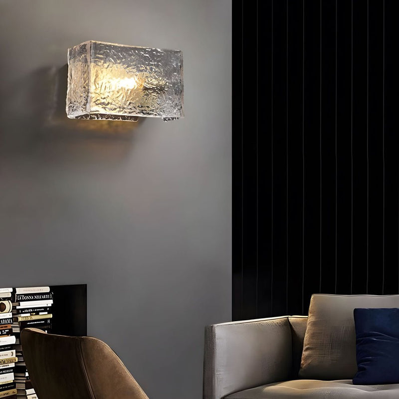 Modern Brass Rectangular Ripple Glass Bedside Wall Lamp - Elegant Lighting Fixture for Bedroom