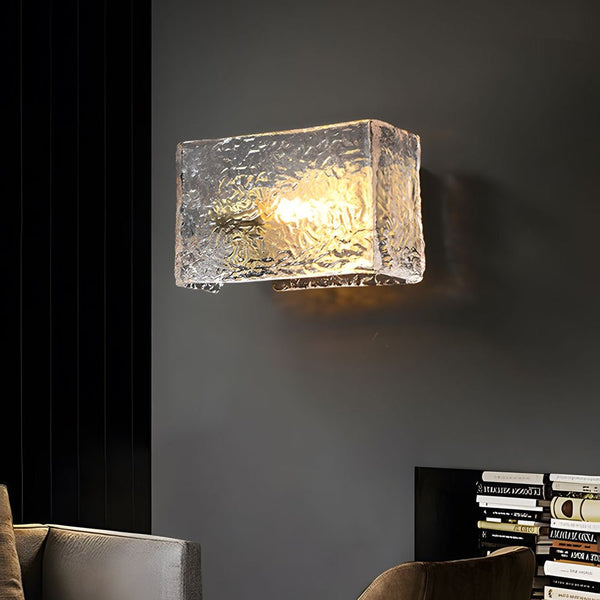 Modern Brass Rectangular Ripple Glass Bedside Wall Lamp - Elegant Lighting Fixture for Bedroom