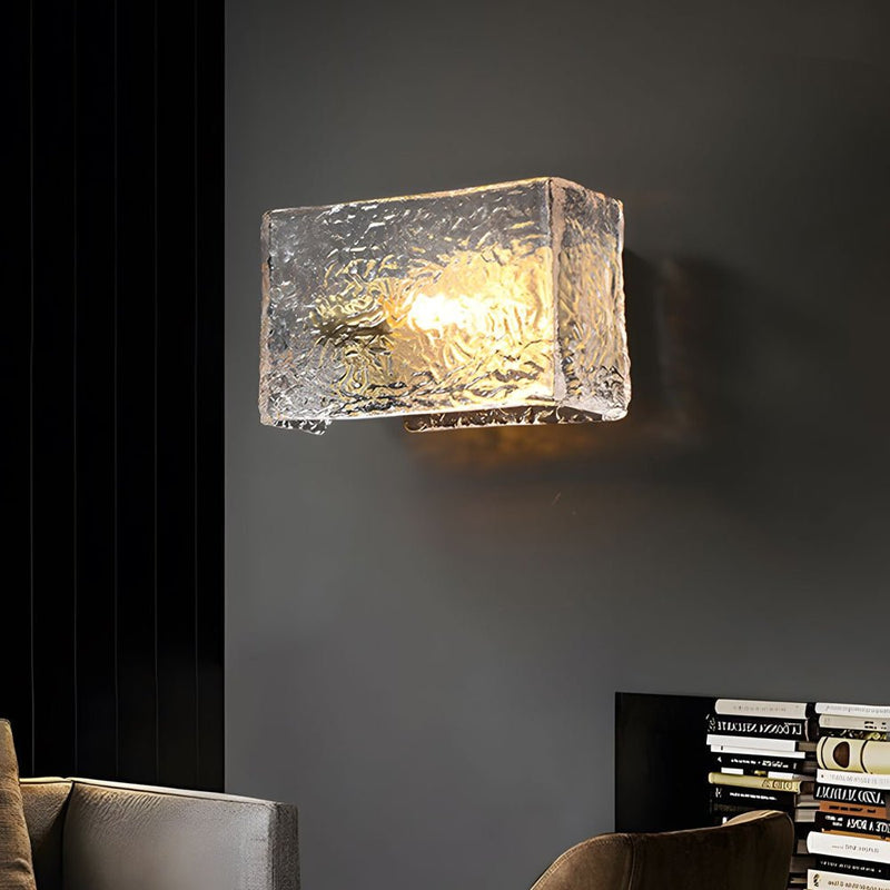 Modern Brass Rectangular Ripple Glass Bedside Wall Lamp - Elegant Lighting Fixture for Bedroom