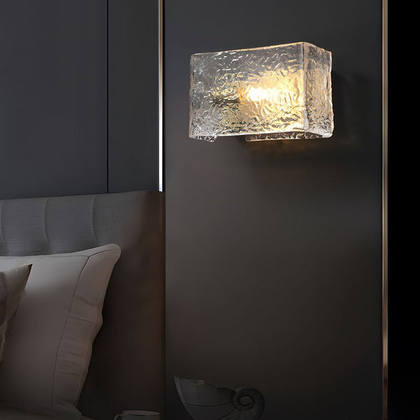 Modern Brass Rectangular Ripple Glass Bedside Wall Lamp - Elegant Lighting Fixture for Bedroom