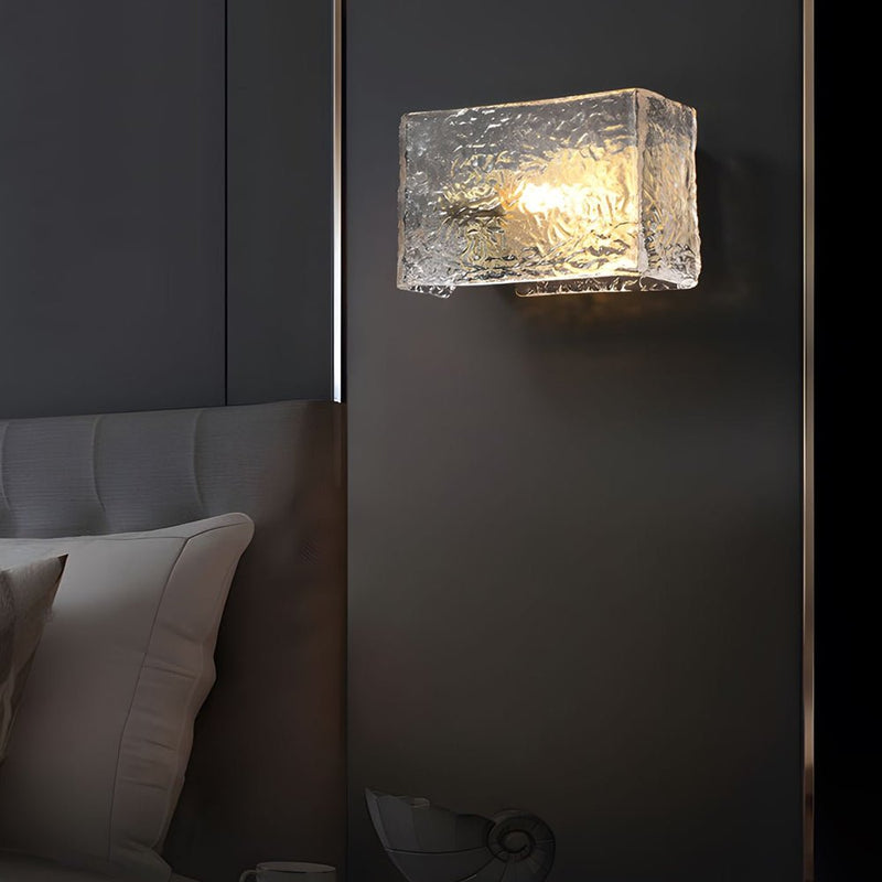Modern Brass Rectangular Ripple Glass Bedside Wall Lamp - Elegant Lighting Fixture for Bedroom