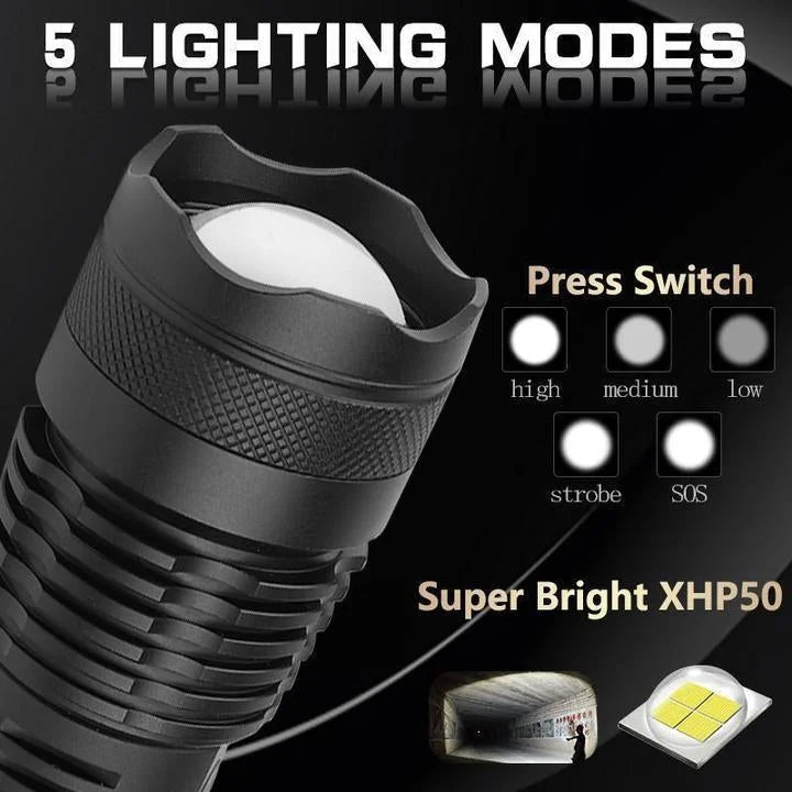 90000 Lumens XHP50.2 Ultra Bright Tactical Flashlight - Most Powerful LED Torch for Outdoor Adventures, Camping, and Emergency Use