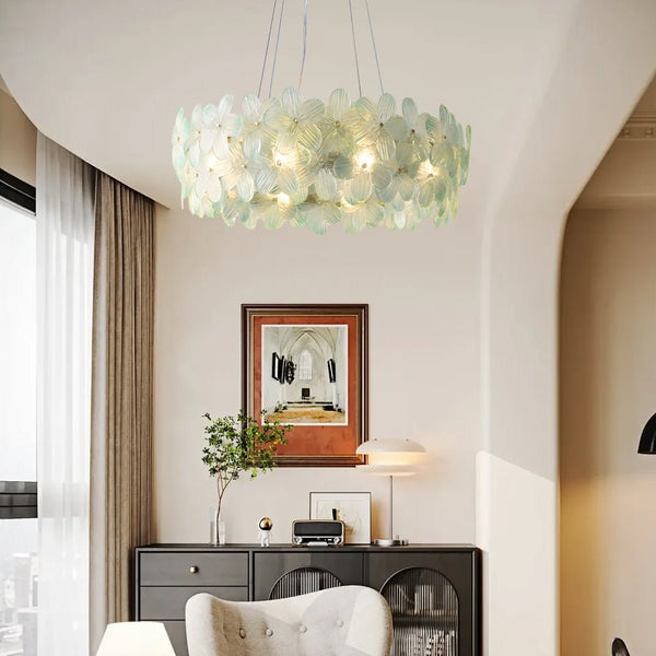 Elegant French Glass Flower Round Chandelier - Luxurious Home Lighting Fixture for Dining Room & Living Room Decor