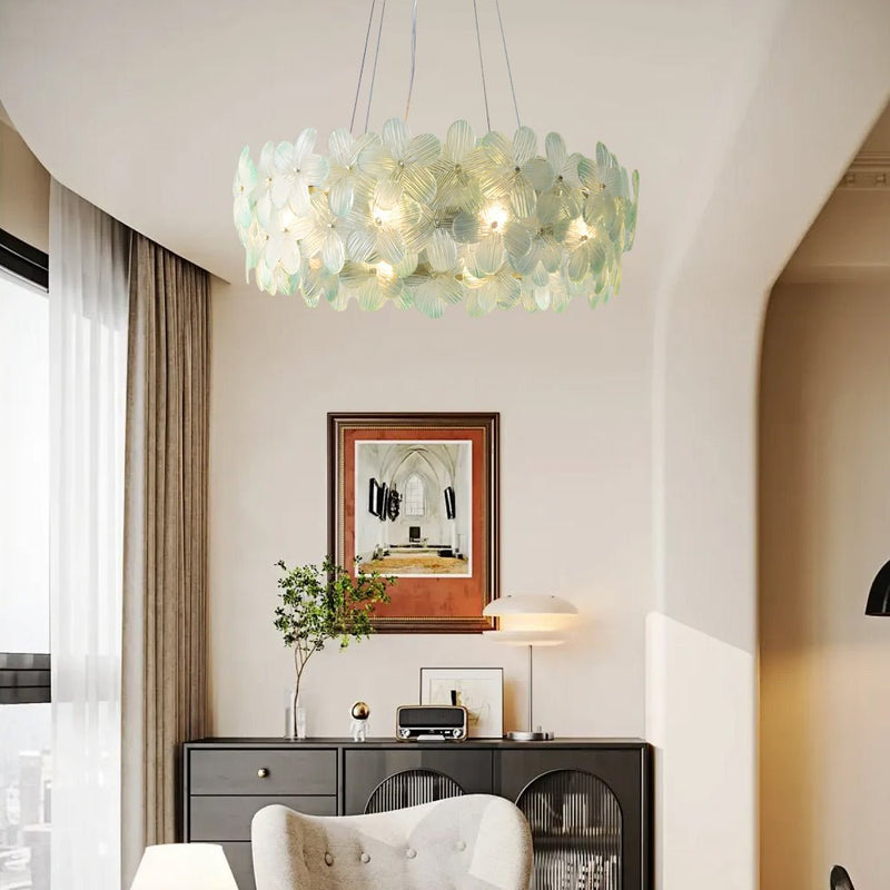Elegant French Glass Flower Round Chandelier - Luxurious Home Lighting Fixture for Dining Room & Living Room Decor