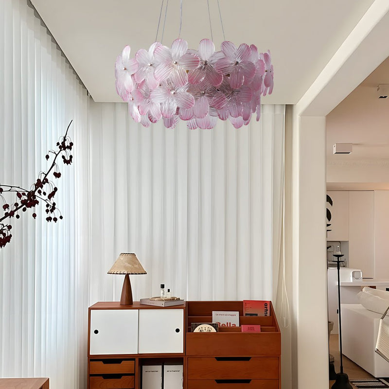 Elegant French Glass Flower Round Chandelier - Luxurious Home Lighting Fixture for Dining Room & Living Room Decor