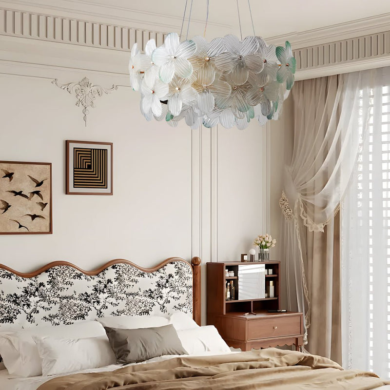Elegant French Glass Flower Round Chandelier - Luxurious Home Lighting Fixture for Dining Room & Living Room Decor