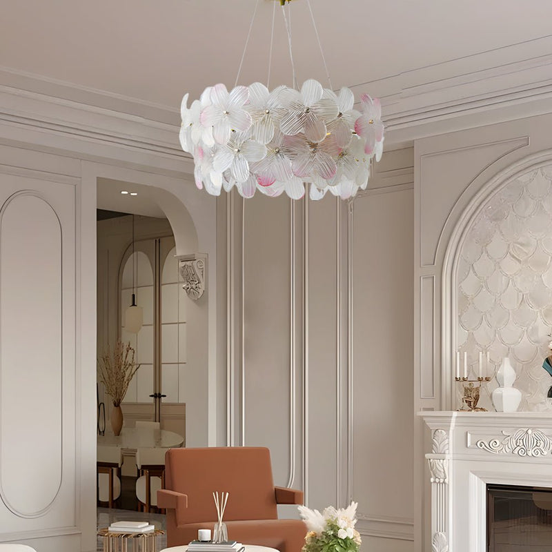 Elegant French Glass Flower Round Chandelier - Luxurious Home Lighting Fixture for Dining Room & Living Room Decor