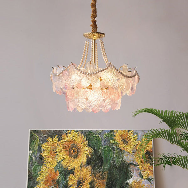 Elegant French Tiered Pearl Flower Chandelier - Luxurious Lighting Fixture for Home Decor