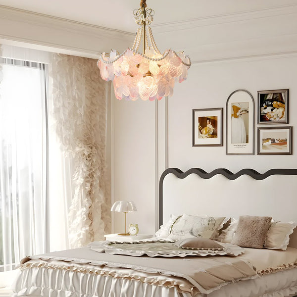 Elegant French Tiered Pearl Flower Chandelier - Luxurious Lighting Fixture for Home Decor