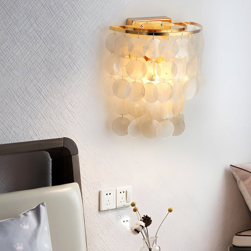 Gold & Chrome Coastal Capiz Shell LED Wall Sconce - Metallic Bedside Lighting Fixture