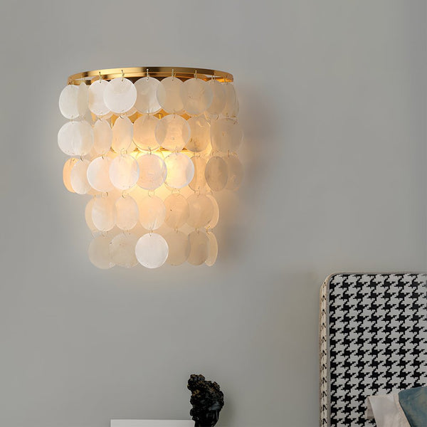 Gold & Chrome Coastal Capiz Shell LED Wall Sconce - Metallic Bedside Lighting Fixture