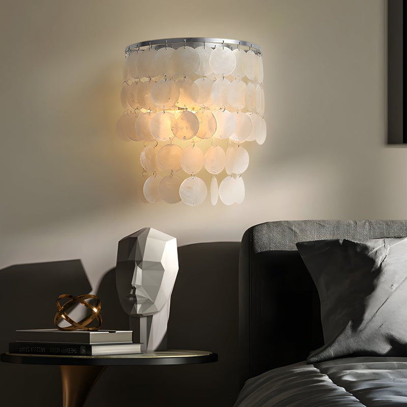 Gold & Chrome Coastal Capiz Shell LED Wall Sconce - Metallic Bedside Lighting Fixture