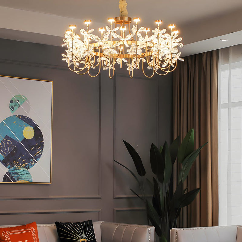 Elegant 24-Light Golden Crystal Flower Chandelier - Luxurious Lighting for Living Room Décor
