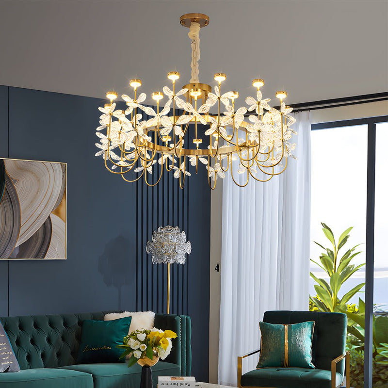 Elegant 24-Light Golden Crystal Flower Chandelier - Luxurious Lighting for Living Room Décor