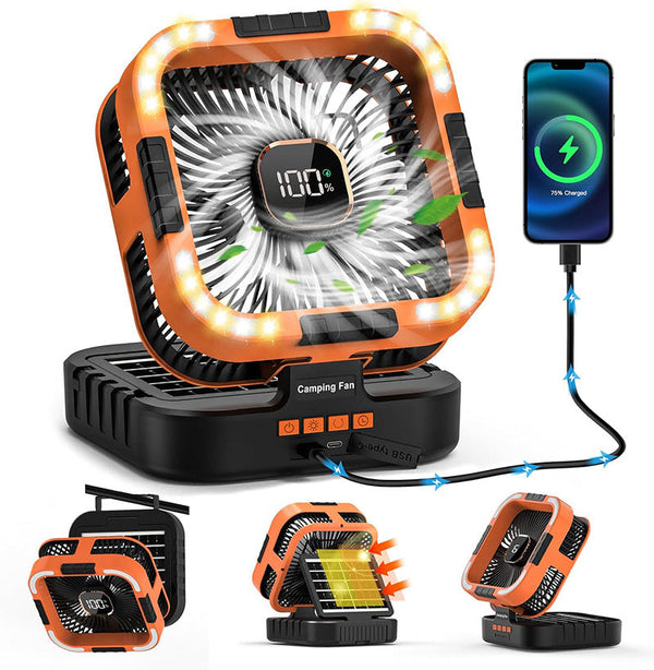 3-in-1 Solar Camping Fan with LED Light & Power Bank - Portable Outdoor Rechargeable Fan for Camping, Hiking, and Emergency Use