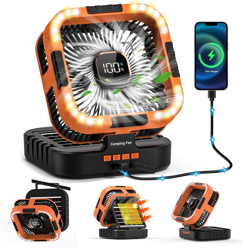 3-in-1 Solar Camping Fan with LED Light & Power Bank - Portable Outdoor Rechargeable Fan for Camping, Hiking, and Emergency Use
