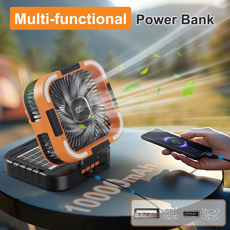 3-in-1 Solar Camping Fan with LED Light & Power Bank - Portable Outdoor Rechargeable Fan for Camping, Hiking, and Emergency Use