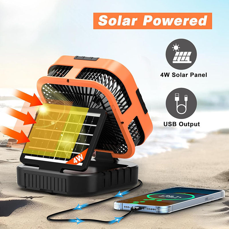 3-in-1 Solar Camping Fan with LED Light & Power Bank - Portable Outdoor Rechargeable Fan for Camping, Hiking, and Emergency Use