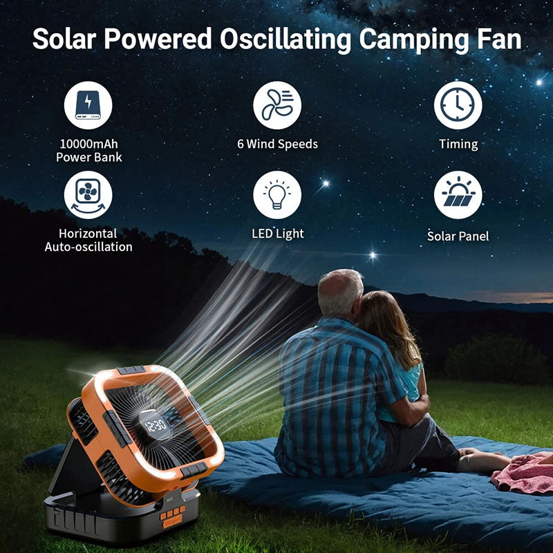 3-in-1 Solar Camping Fan with LED Light & Power Bank - Portable Outdoor Rechargeable Fan for Camping, Hiking, and Emergency Use