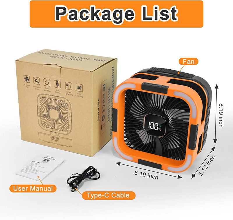 3-in-1 Solar Camping Fan with LED Light & Power Bank - Portable Outdoor Rechargeable Fan for Camping, Hiking, and Emergency Use