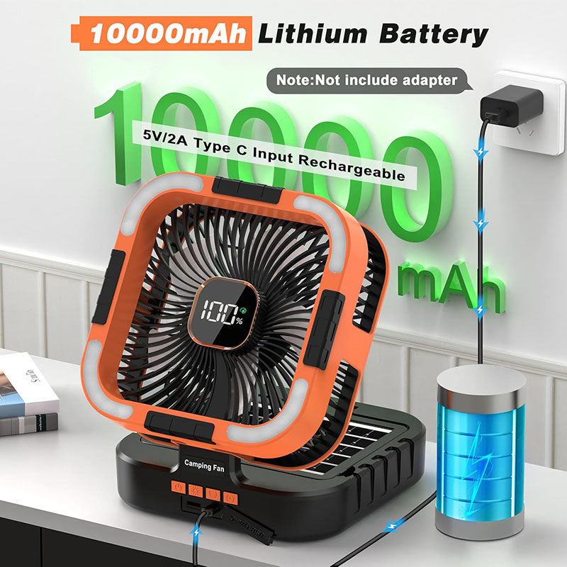 3-in-1 Solar Camping Fan with LED Light & Power Bank - Portable Outdoor Rechargeable Fan for Camping, Hiking, and Emergency Use