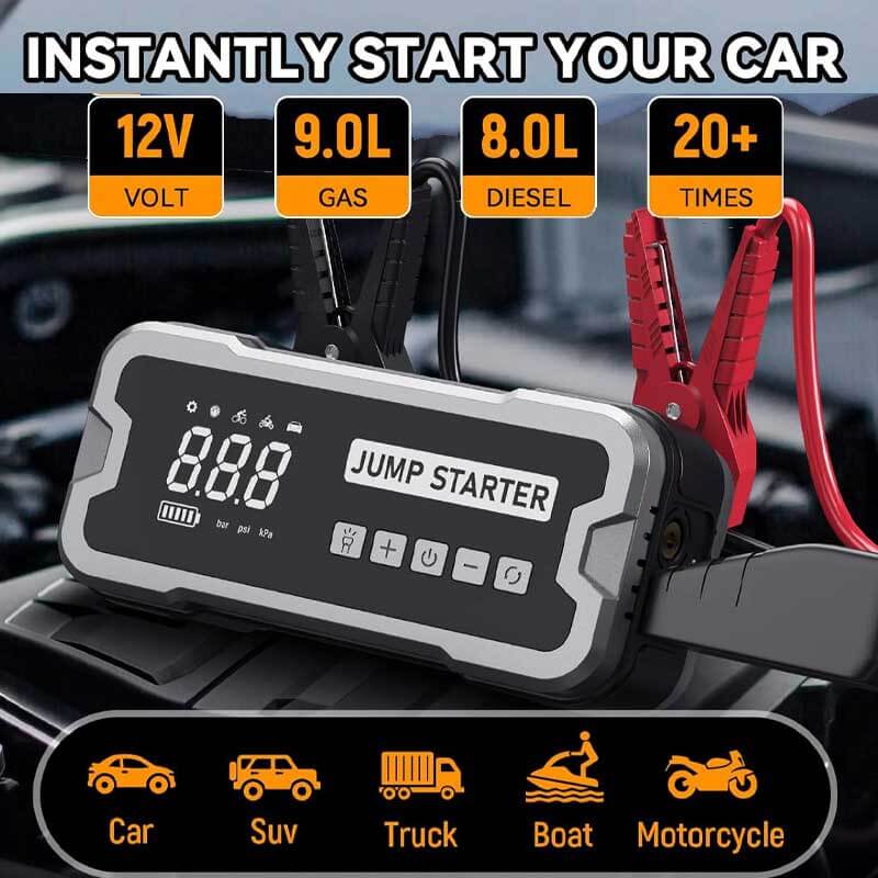 4-in-1 Portable Jump Starter & Air Pump Pro - Compact Car Battery Booster, Tire Inflator, USB Charger & LED Light