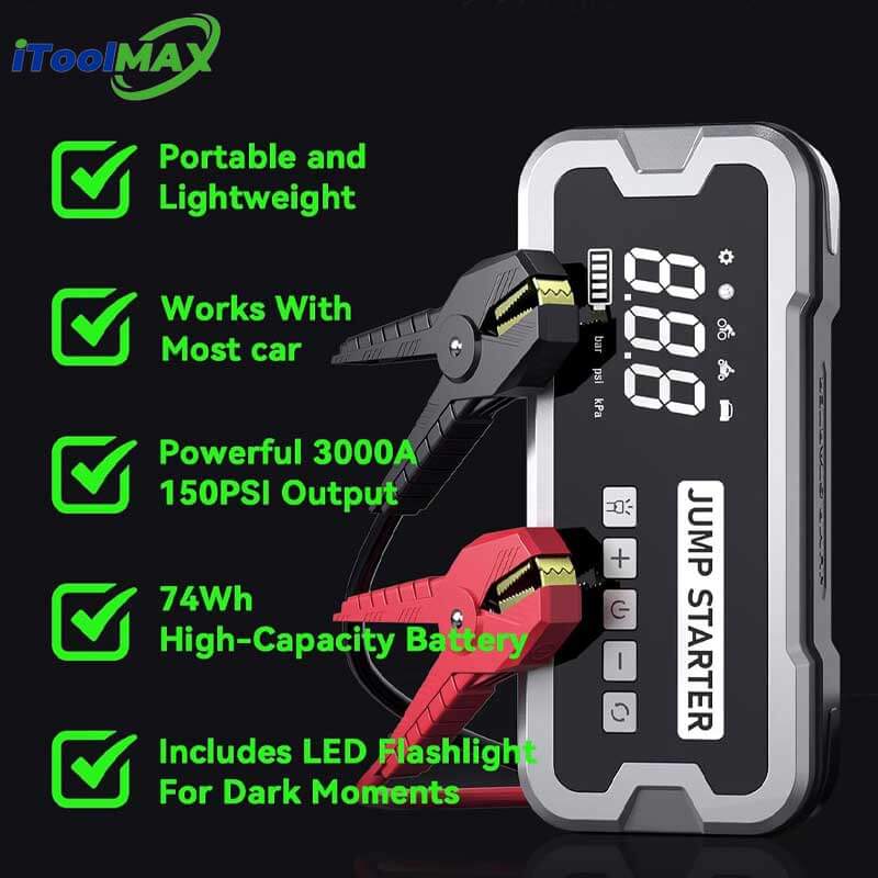 4-in-1 Portable Jump Starter & Air Pump Pro - Compact Car Battery Booster, Tire Inflator, USB Charger & LED Light
